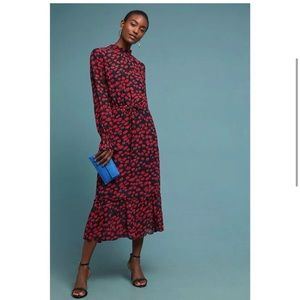 NWT ANTHROPOLOGIE Red Poppy Floral Fields Mock Neck Sleeve Ruffles Maxi Dress L